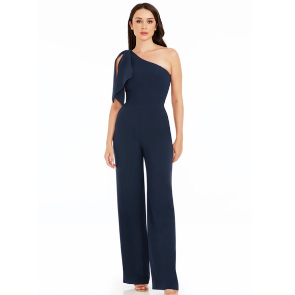 Dress the Population Pants - Dress the Population Tiffany Dark Blue One-Shoulder Jumpsuit NWT